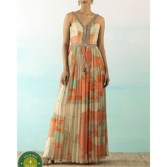 Bohemian Maxi Dress Coral Teal Flowy Lace Up Embroidered Large Pink Long Boho - Picture 11 of 16